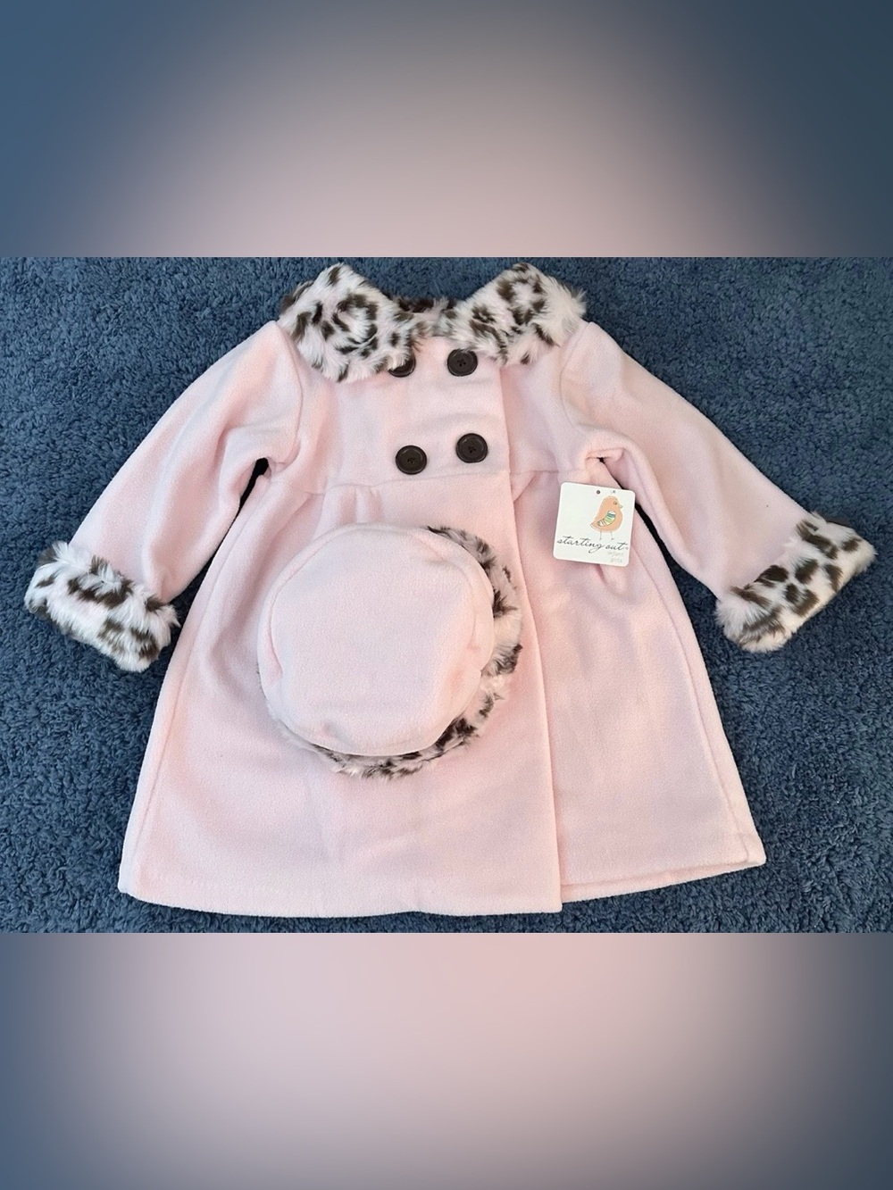 Starting Out Baby Girl 24M Pink/Faux Fur Trim 4-Button Front Coat w/ Hat NWT